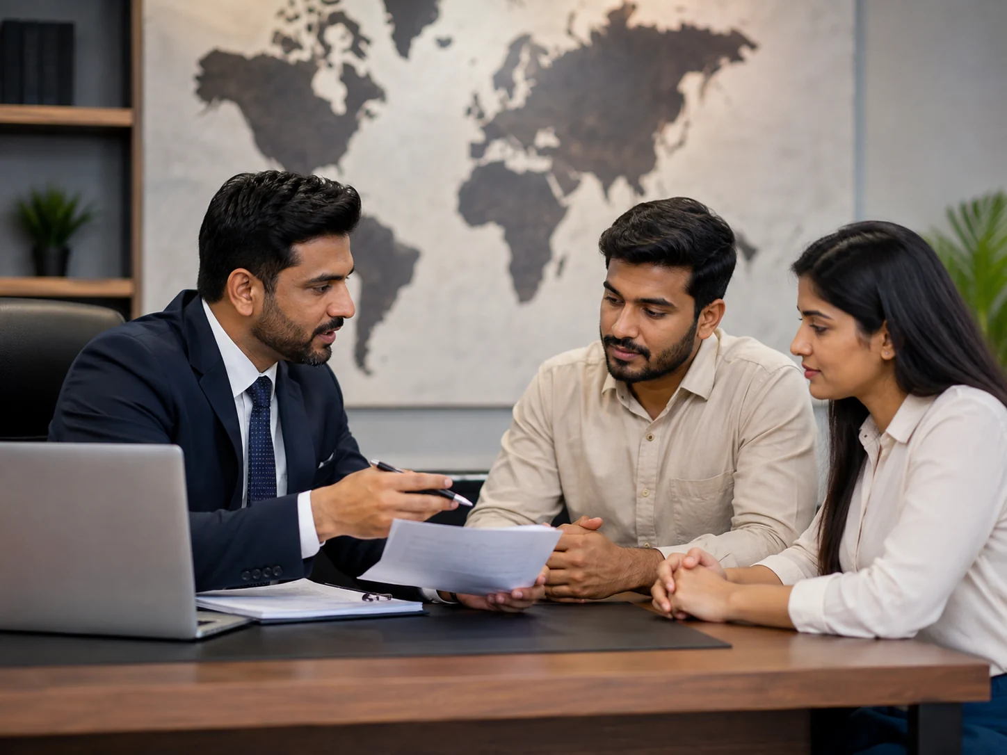Recruitment consultant discussing overseas placement documents with candidates