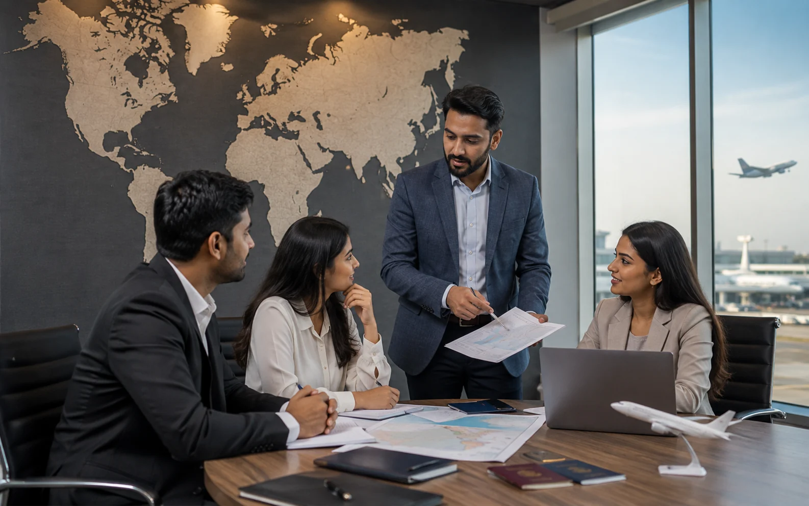 Recruitment team discussing international destinations in a professional office