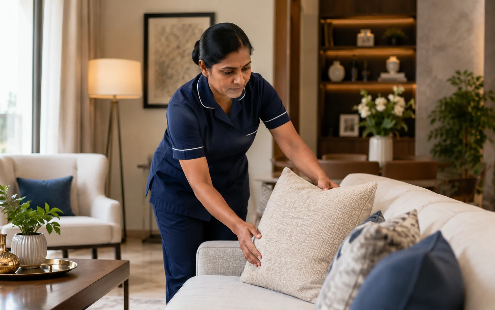 Indian house helper arranging a modern living room